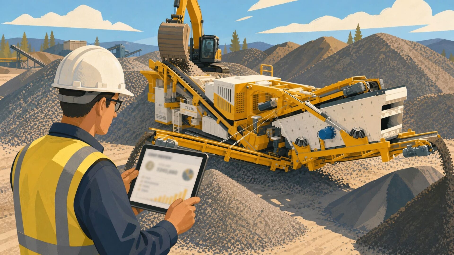 Budgeting for a mobile crusher A manager reviewing costs on a tablet in front of heavy equipment